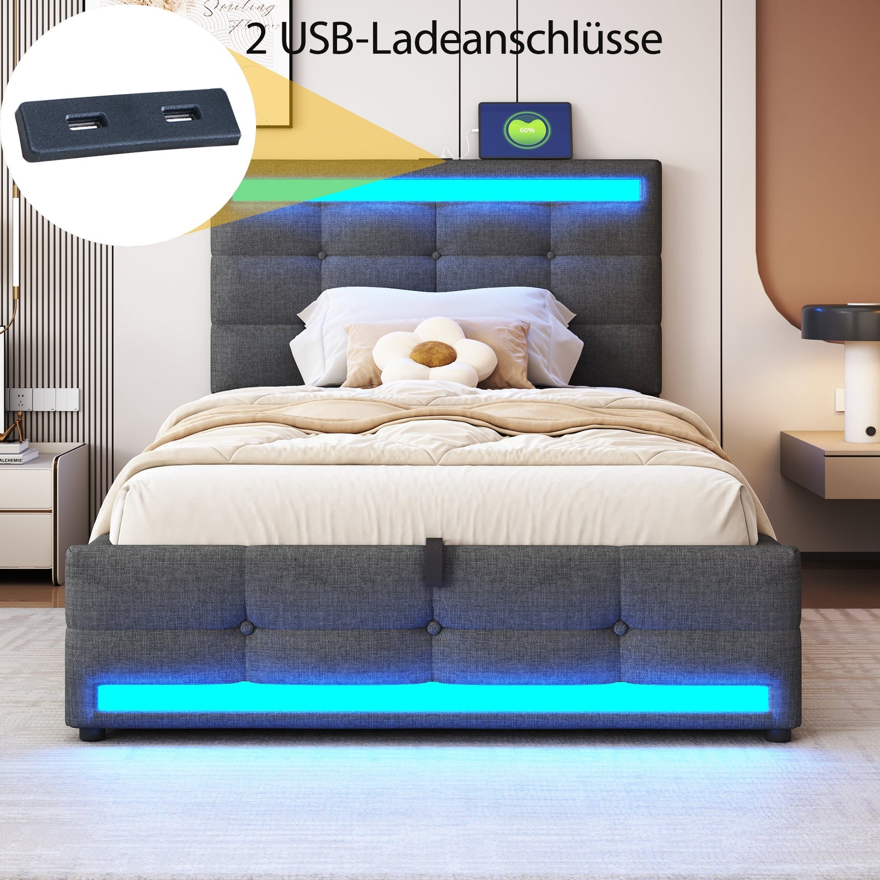 Upholstered Bed 90x200 Hydraulic Storage USB LED Light Strip, Grey Linen Single Bed