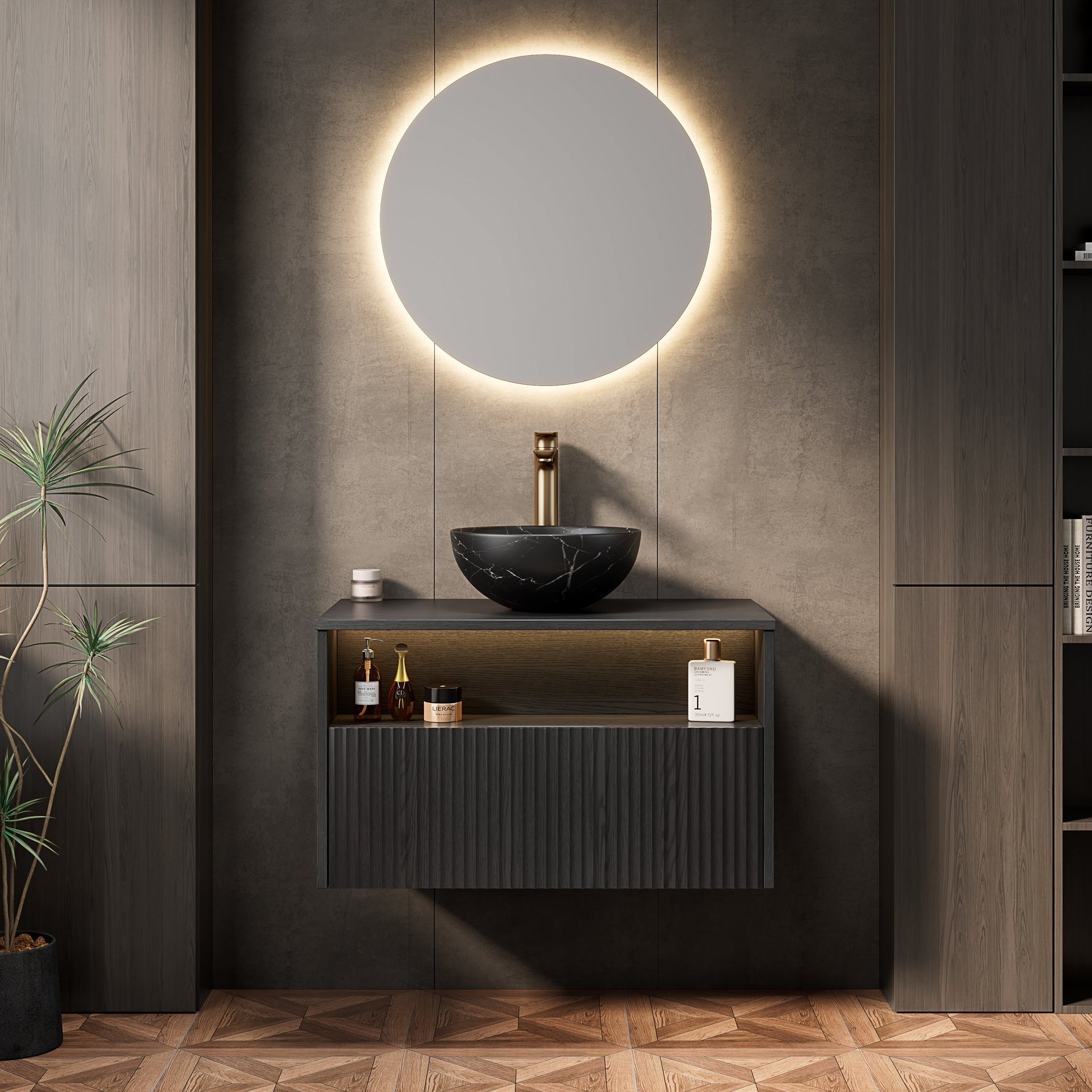 Floating Bathroom Washbasin with Ceramic Bowl and Sensor Light, 80cm Black Plywood Cabinet