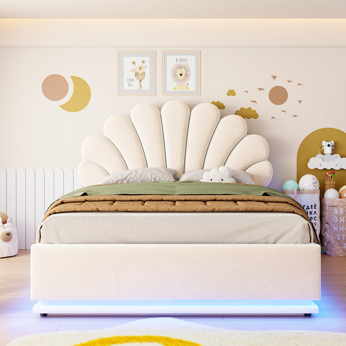 Upholstered Bed 140x200cm with Storage & LED Light, Beige Velvet
