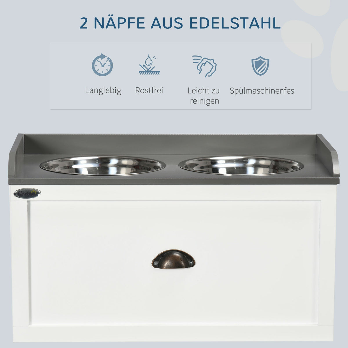 Dog Bowl with Drawer 2x2L Raised Stainless Steel Feeding Station, White