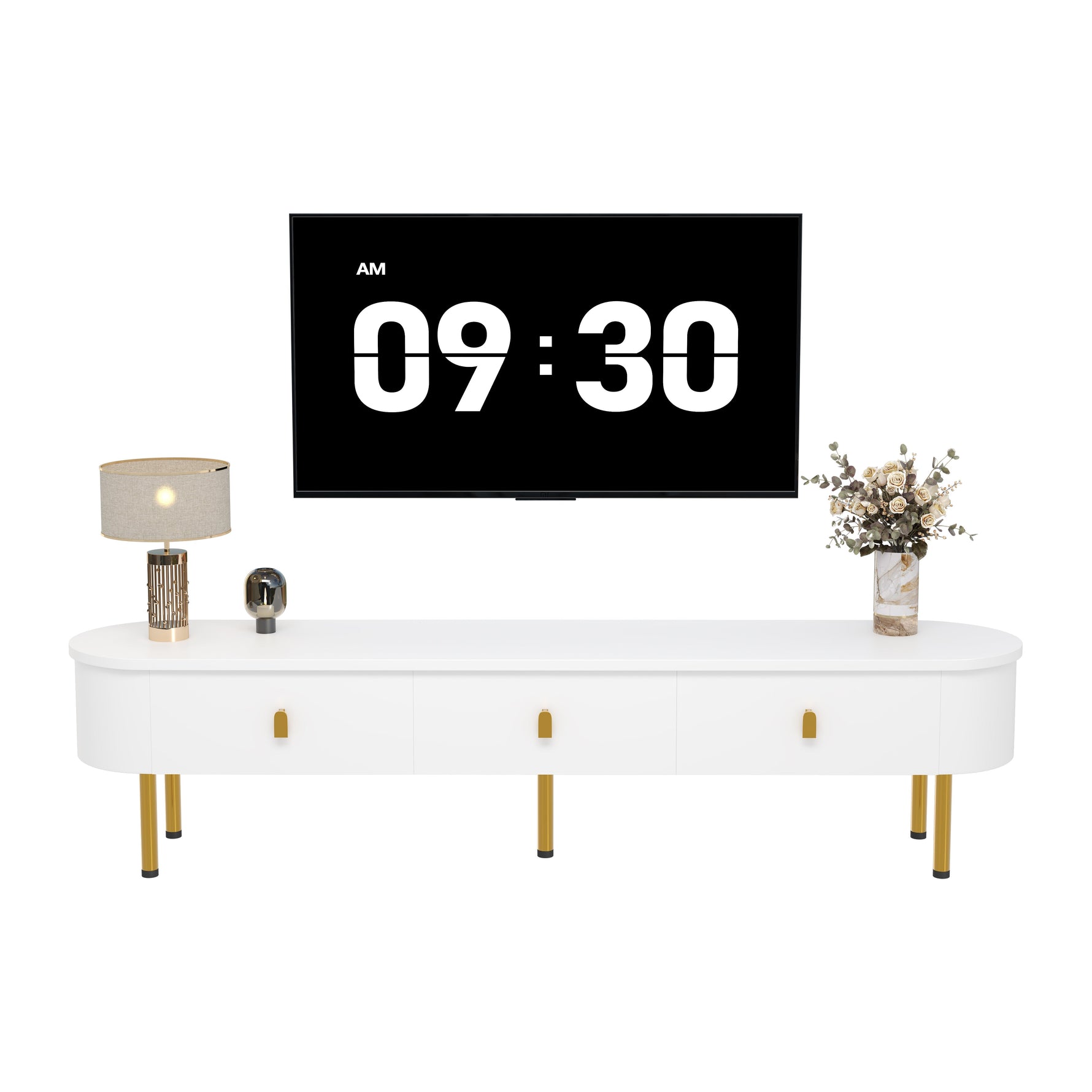 Lowboard TV Cabinet, Drawers with Golden Handles & Legs, Curved Corners