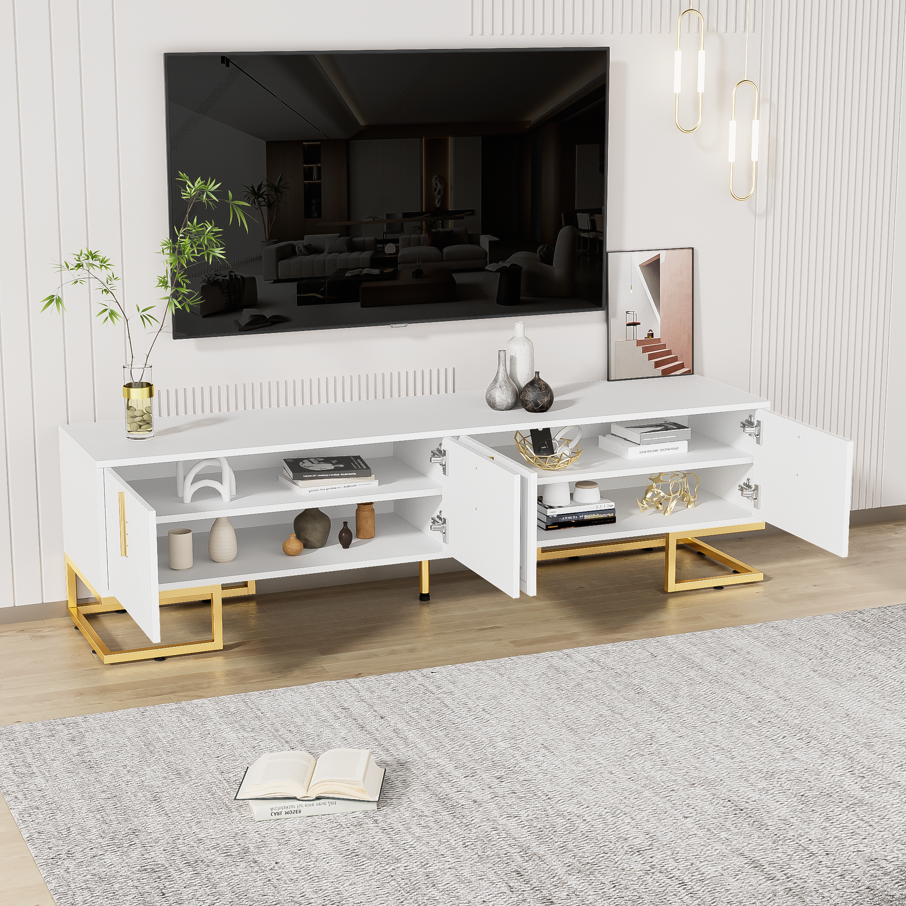 TV Cabinet Lowboard Textured Door Gold Handles and Feet