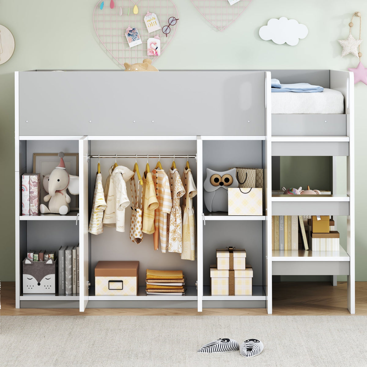 Loft Bed 90*200, Multifunctional with Storage, Wardrobe, Shelves, Ladder, Gray