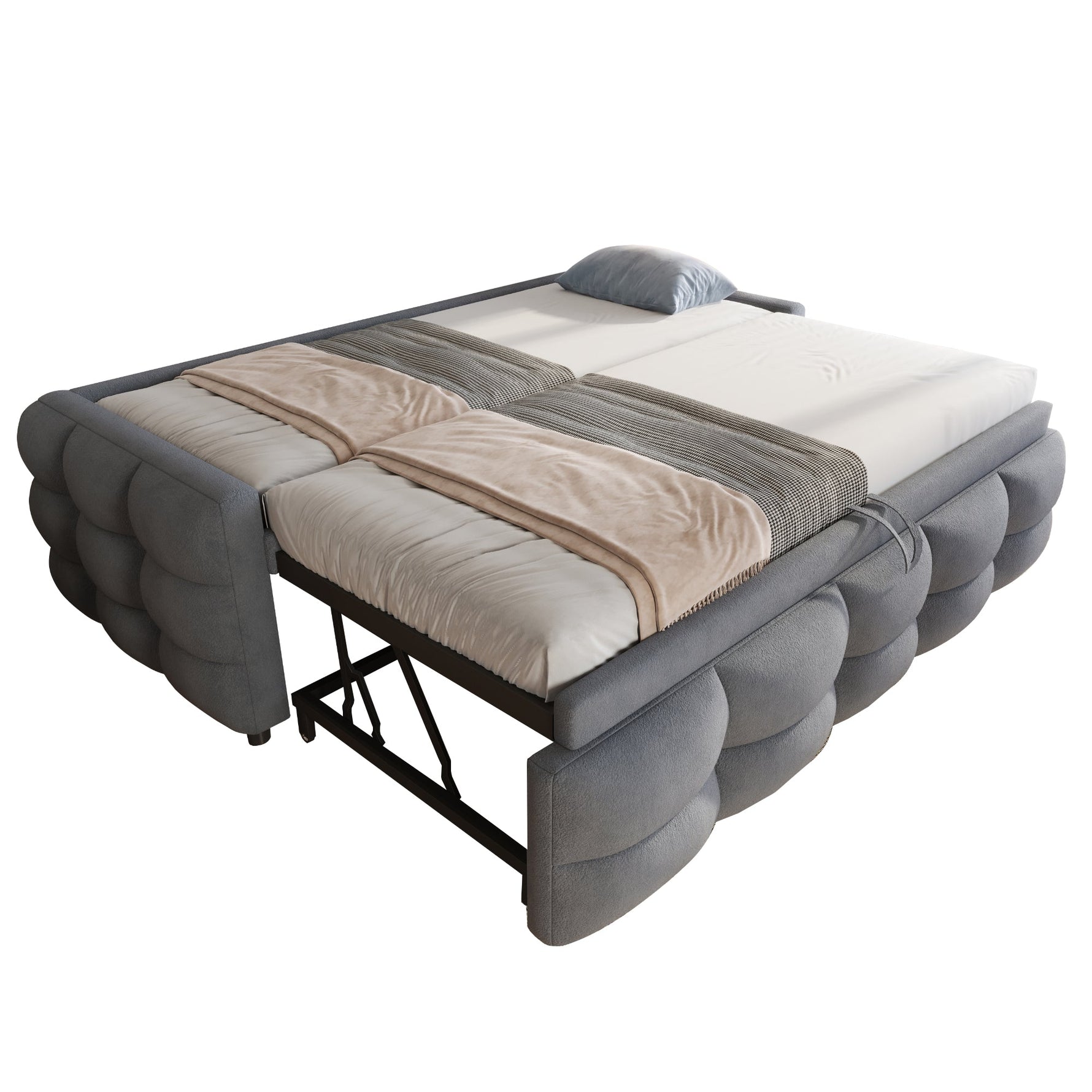 Extendable Upholstered Sofa Bed with Slatted Base and Teddy Velvet Fabric, Grey