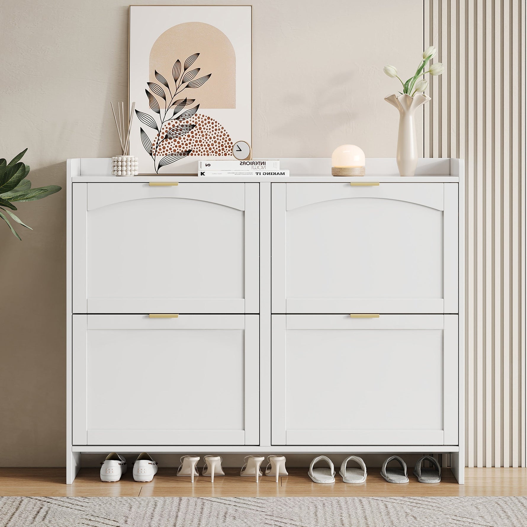 Shoe Cabinet 4 Drop-Down Compartments Open Shelves Entryway/Hallway, White