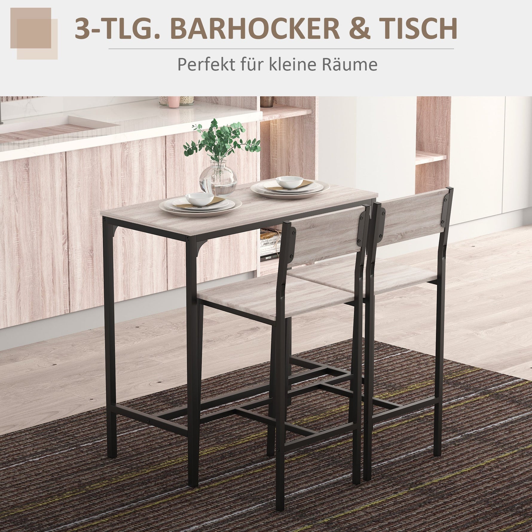 Bar Table with 2 Chairs, 3-Piece Set, MDF, Natural and Black