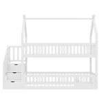Children's Bunk Bed, 90x200, with Roof, Safety Ladder & Storage Drawers, Solid Wood White