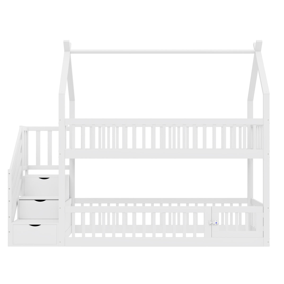 Children's Bunk Bed, 90x200, with Roof, Safety Ladder & Storage Drawers, Solid Wood White