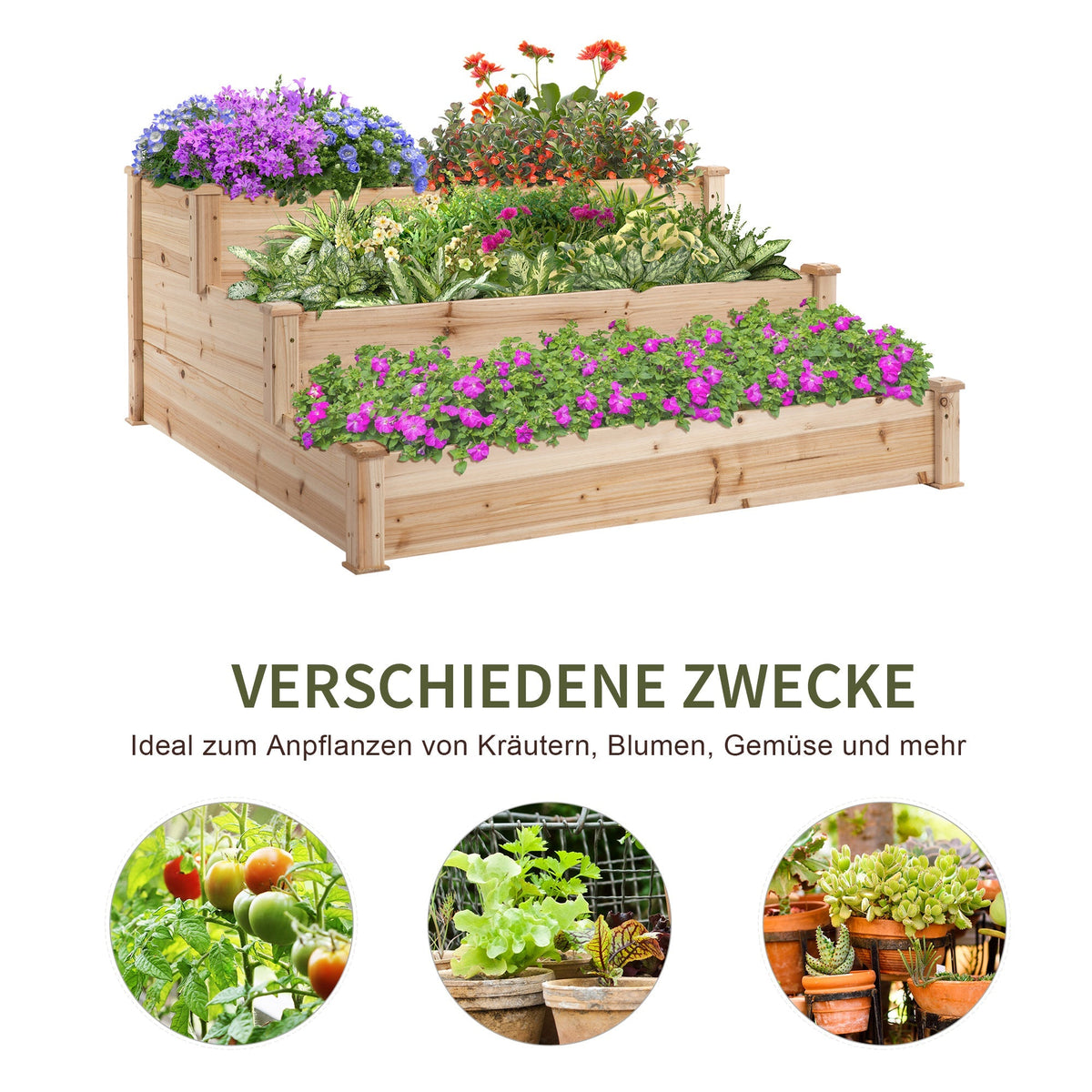 Raised Garden Bed 3-Tier Planter Flower Stand, Natural Fir Wood