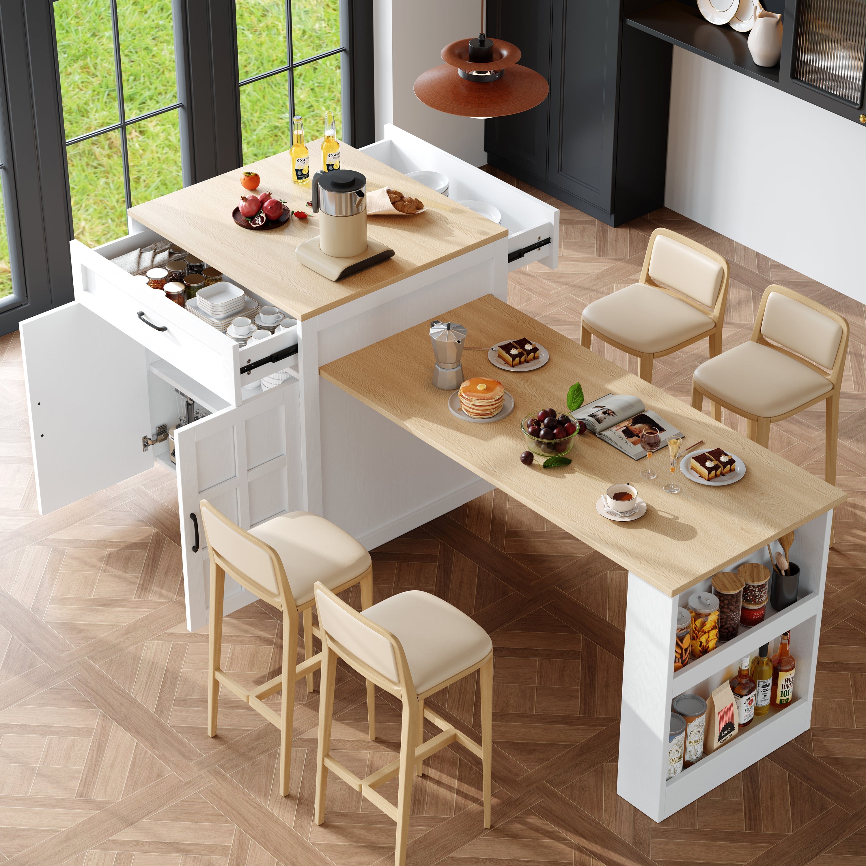 Extendable Bar Table Kitchen Island Dining Cart with Storage Drawers and Shelves White