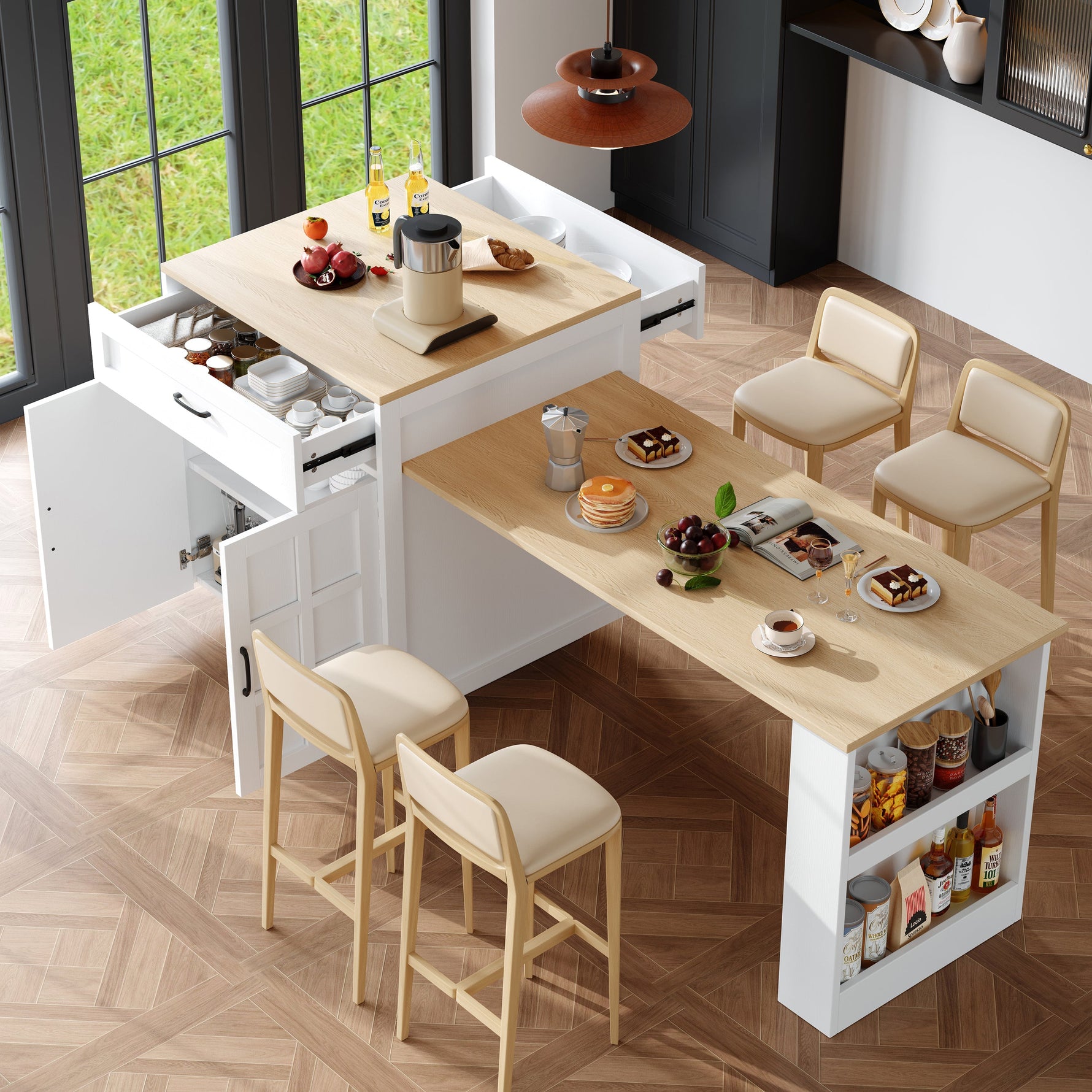 Extendable Bar Table Kitchen Island Dining Cart with Storage Drawers and Shelves White
