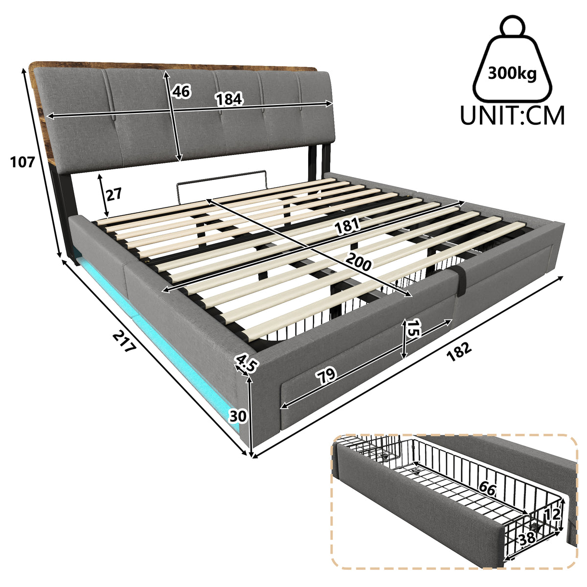 Upholstered Bed 180x200cm with Hydraulic Storage & LED, Grey Linen