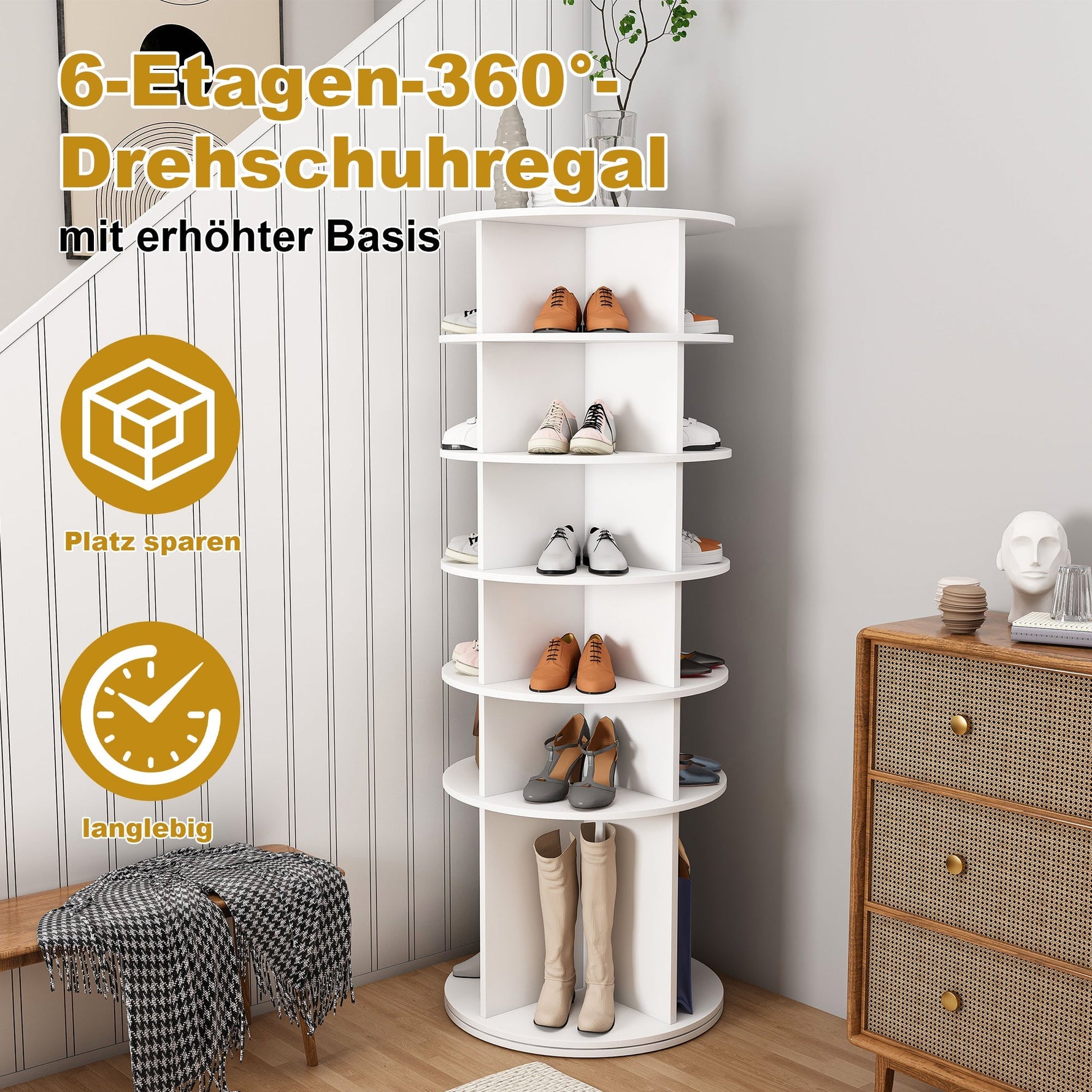 Rotating Shoe Rack 6-Tier 360° 24 Pair Capacity Boot Shelf - White
