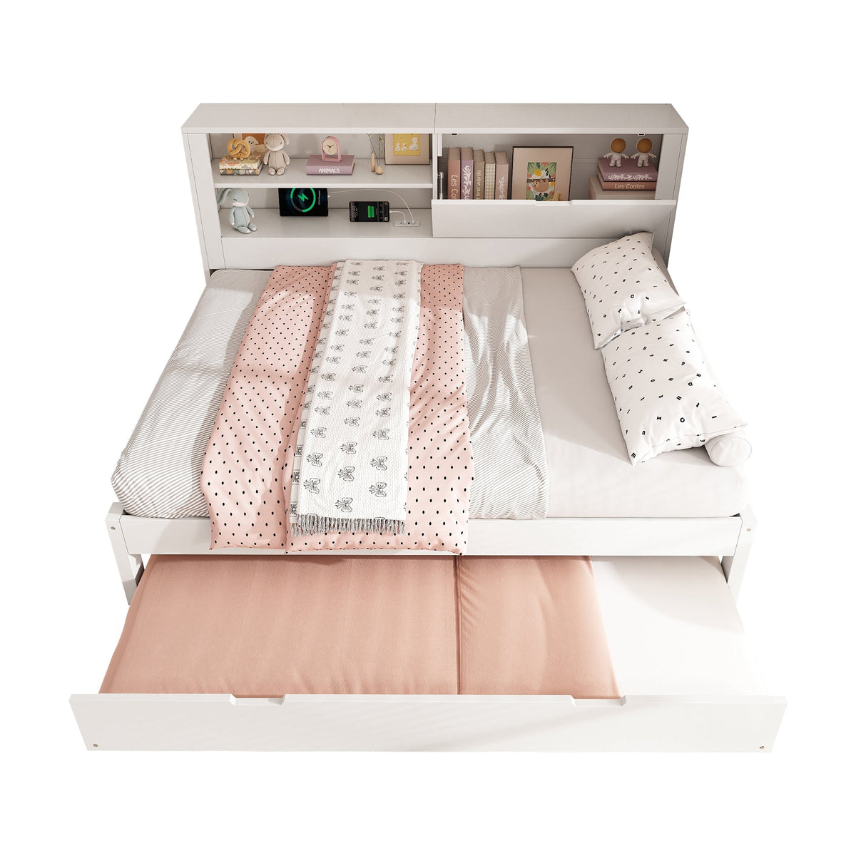 Sofa Bed Double Bed 140x190cm Pull-out Bed 90x190cm Storage USB/Type-C White
