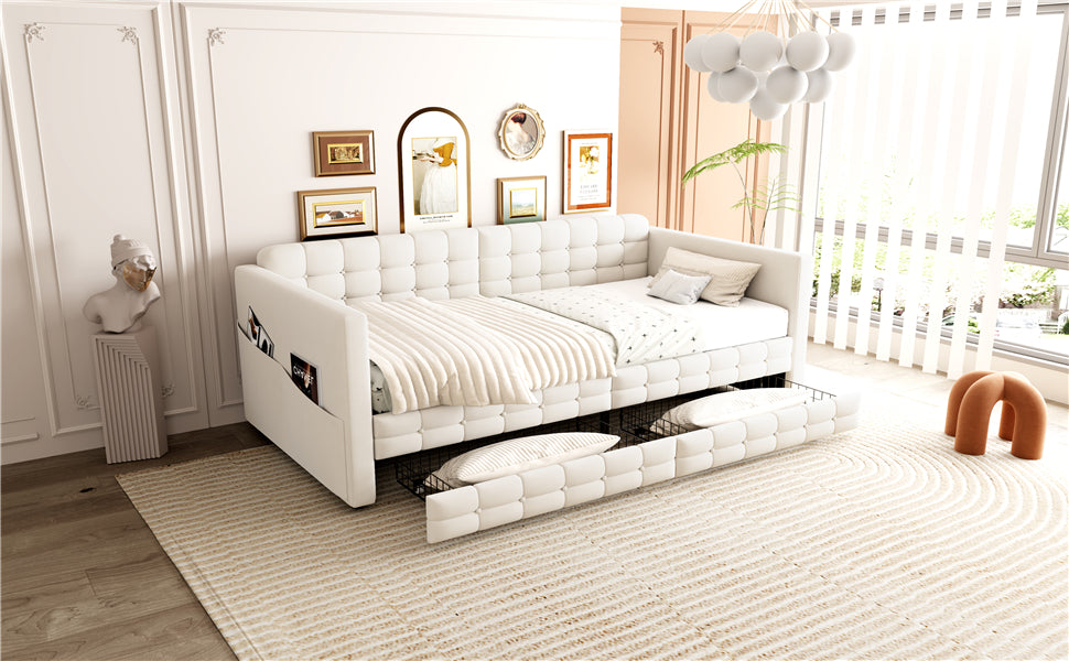Upholstered Sofa Bed 90x190 with Storage & Drawers in Beige Velvet