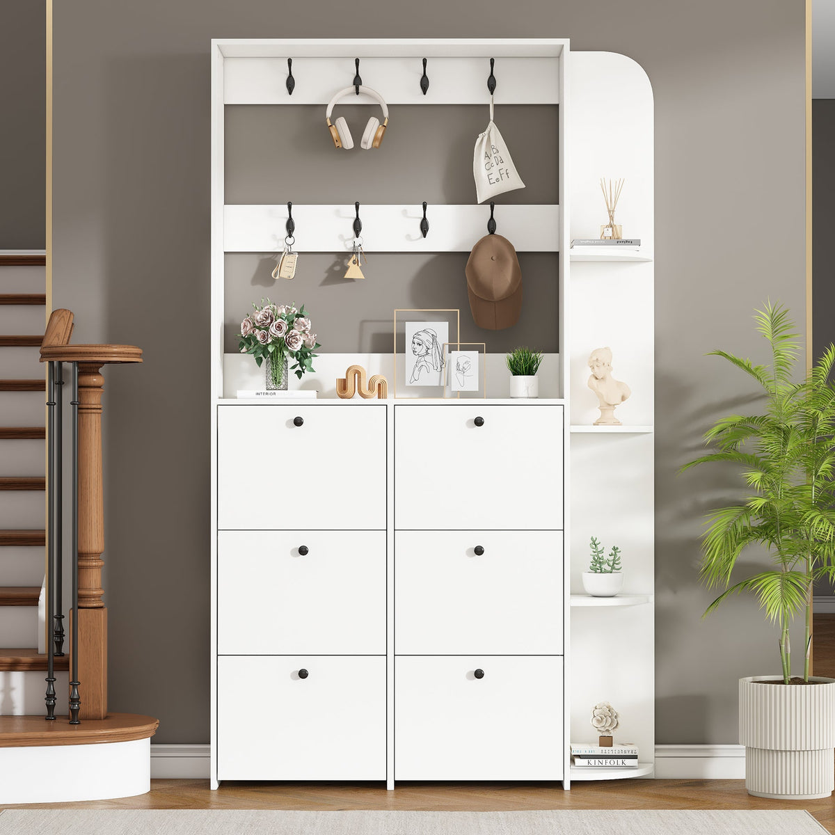 Hallway Cabinet 3-in-1 Shoe Cabinet 8 Hooks 5 Shelves - White