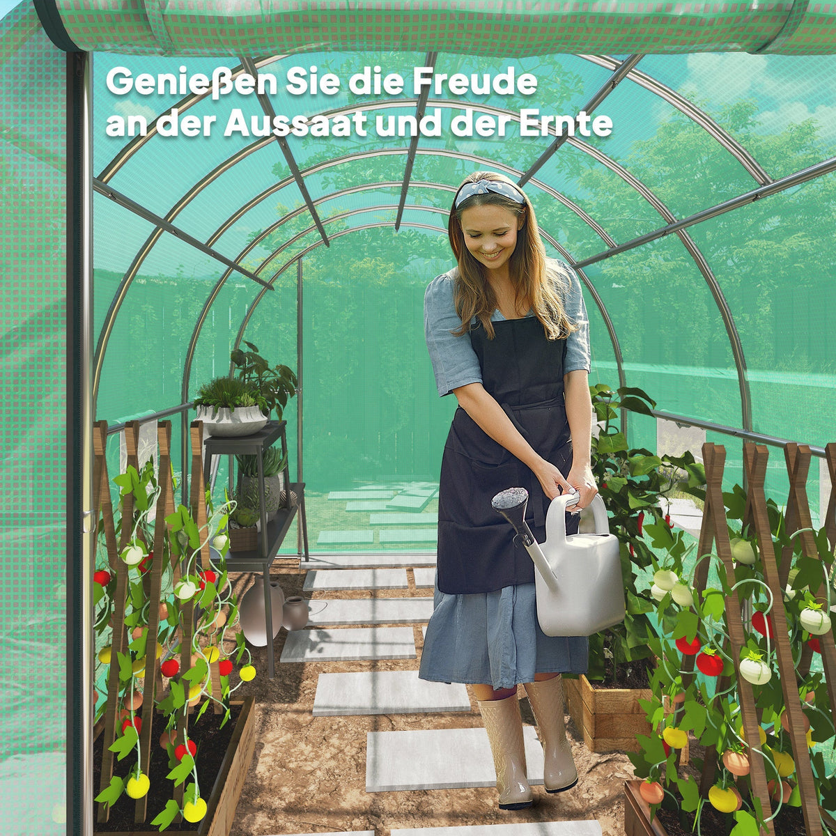 Greenhouse 3x2x2m Polytunnel with 6 Windows, Roll-Up Door, UV-Resistant, Green