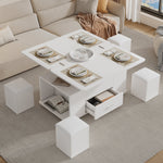 Coffee Table, Height-Adjustable 4-in-1 Multifunctional with Drawers and 4 Stools, White