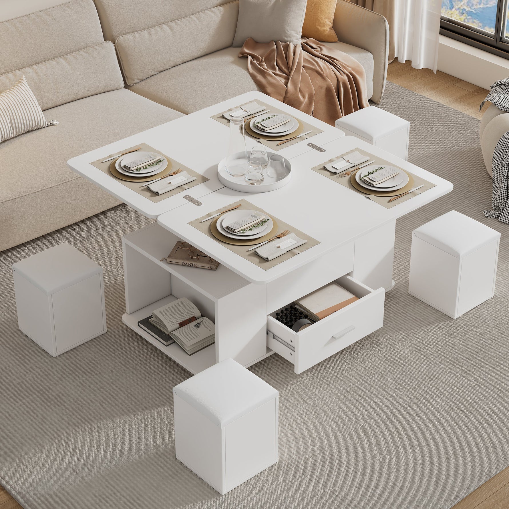 Coffee Table, Height-Adjustable 4-in-1 Multifunctional with Drawers and 4 Stools, White
