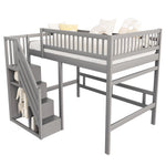 Solid Wood Bed 140x200 with Storage Stairs & Railing, Grey