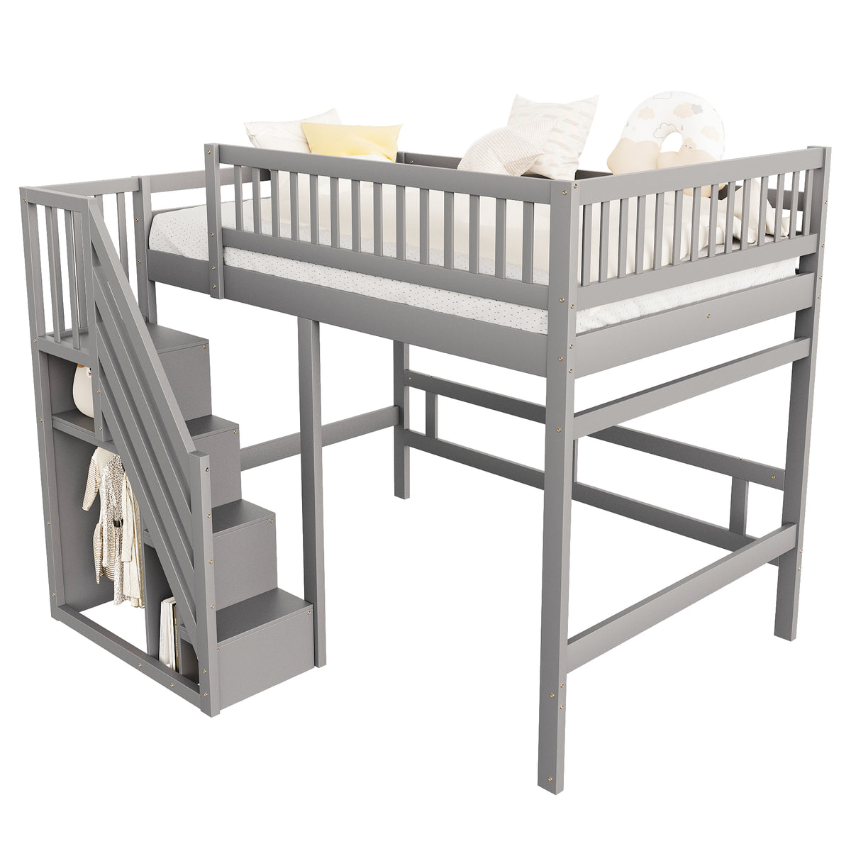 Solid Wood Bed 140x200 with Storage Stairs & Railing, Grey