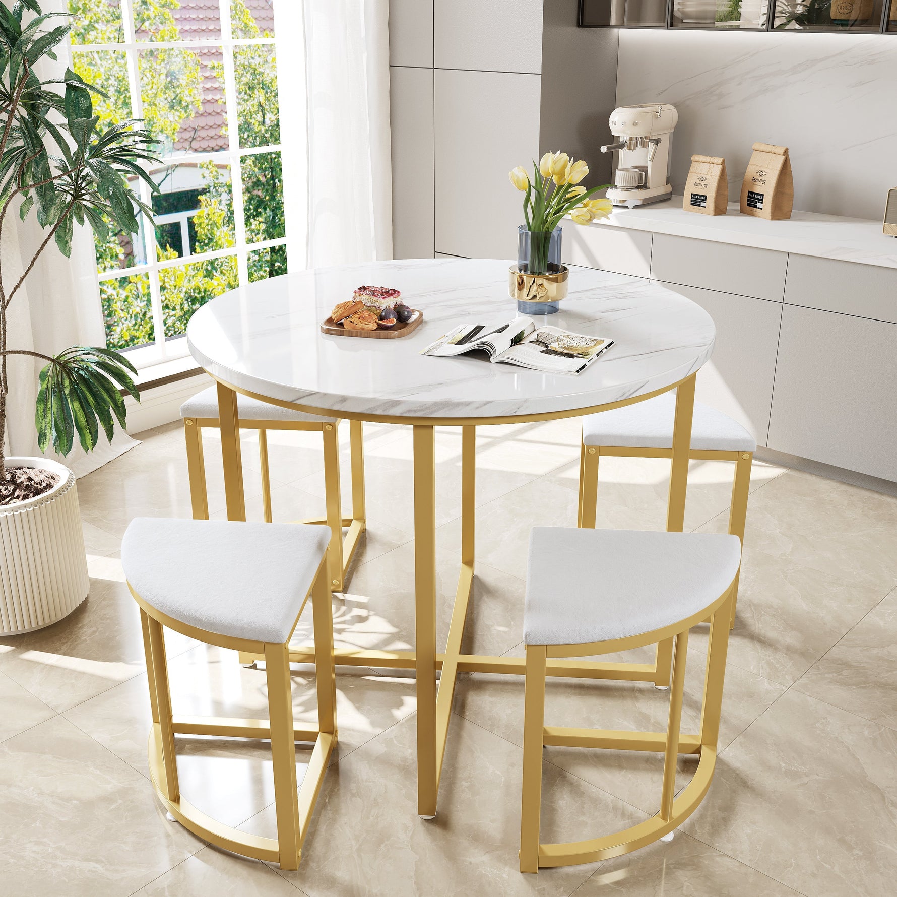 Dining Table Set with 4 Chairs, Modern Luxury MDF Gilded Iron Velvet, White
