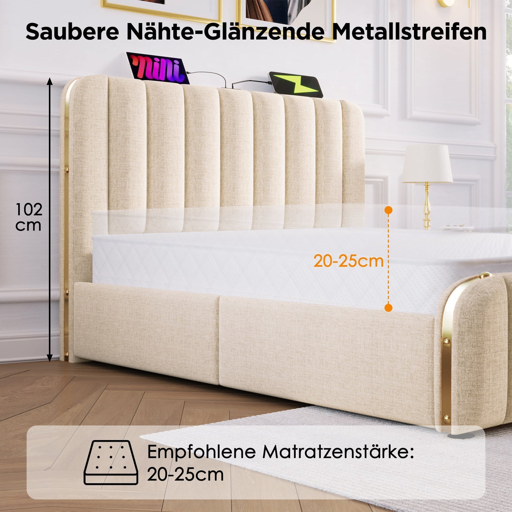 Upholstered Single Bed with USB-C Charging, 4 Drawers, Beige Linen
