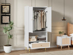 Wardrobe with 2 Doors, Rattan Drawer and Clothes Rail, White