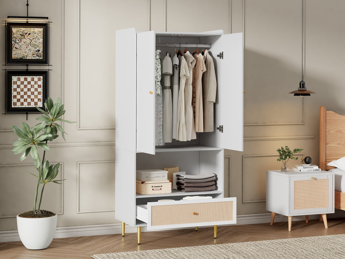 Wardrobe with 2 Doors, Rattan Drawer and Clothes Rail, White