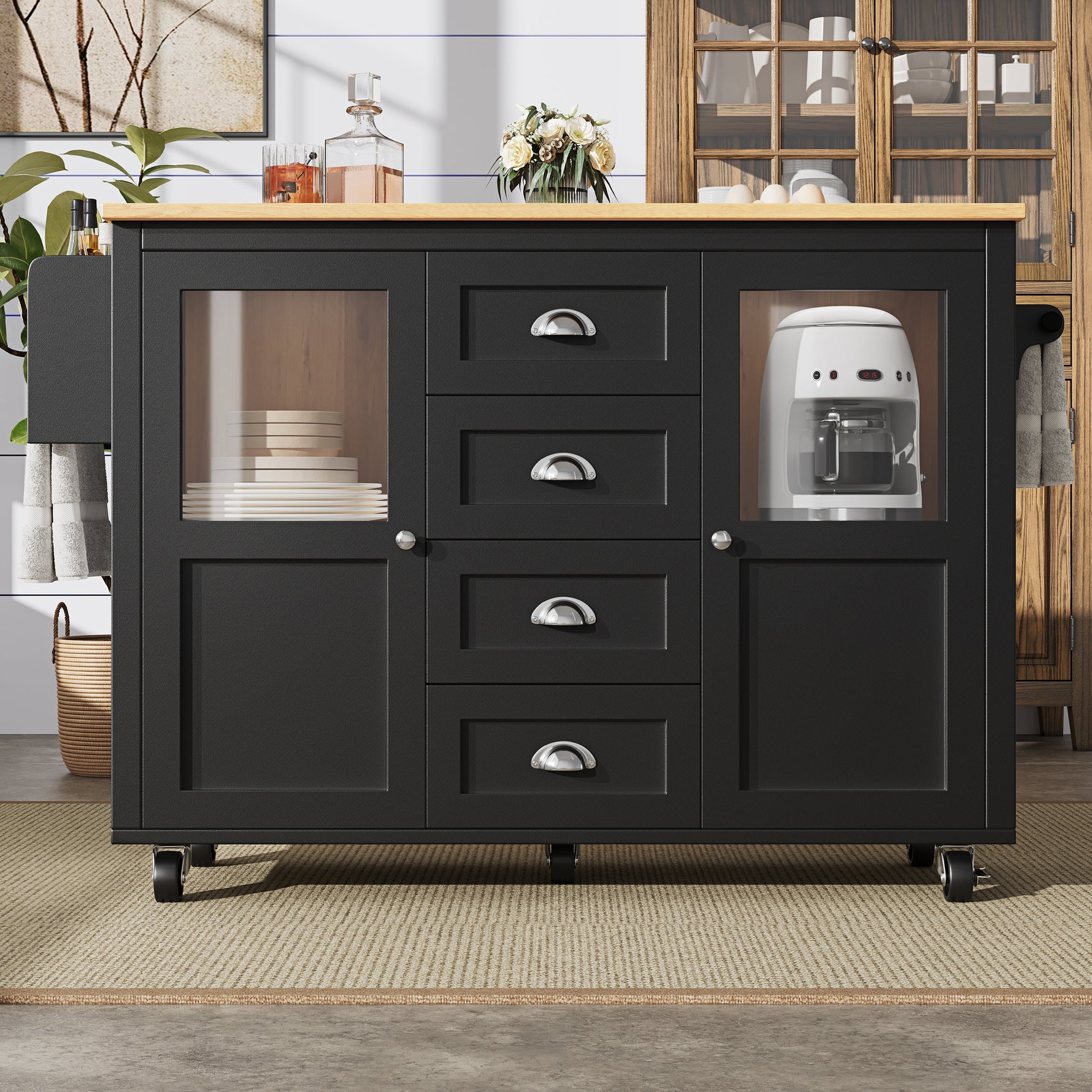 Extendable Kitchen Island Mobile Storage Drawers Spice Rack - White/Black