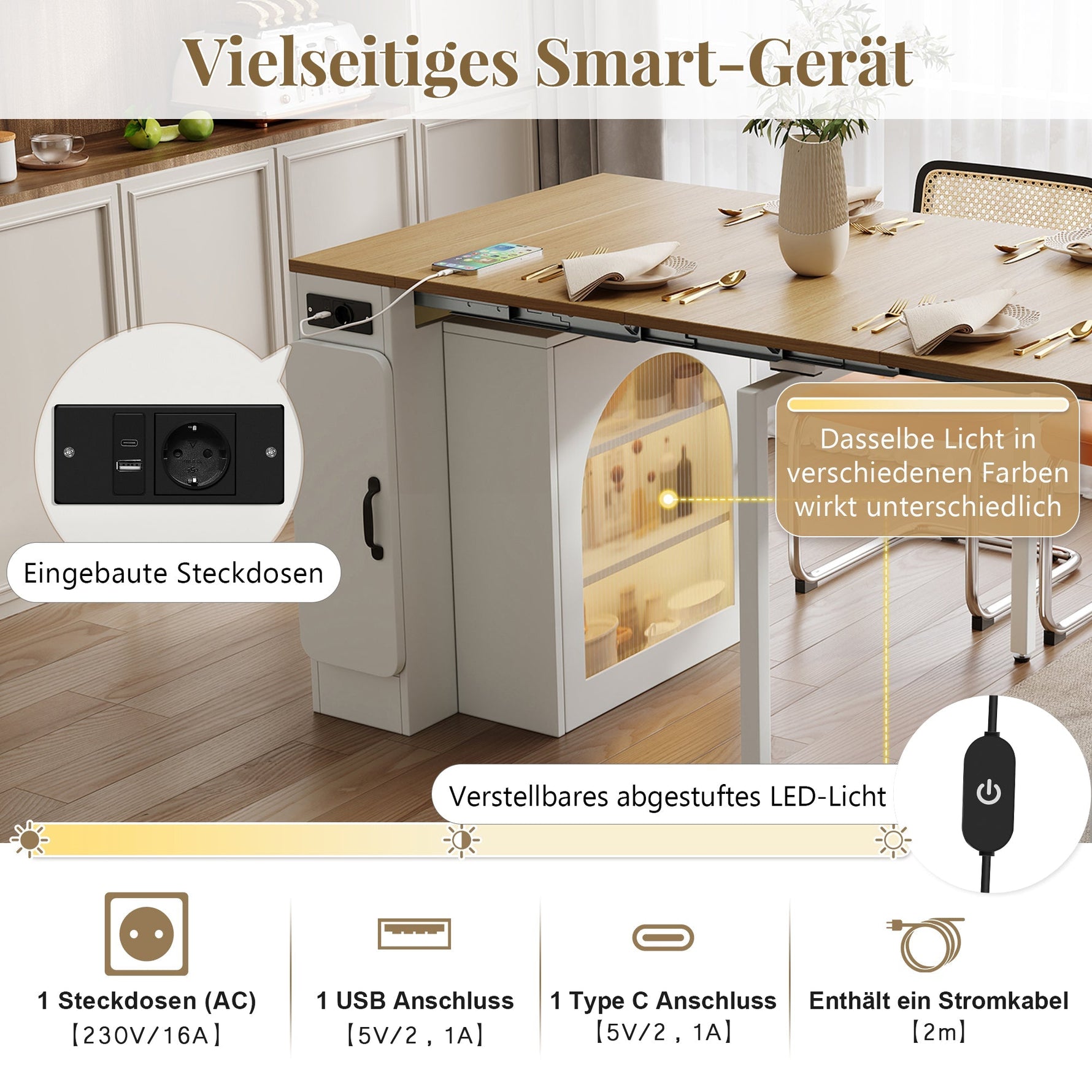 Mobile Kitchen Island Extendable Table Removable Top Power Strips - White