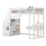 Loft Bed 90x200 Multifunctional Table Storage Stairs Pine Wood White