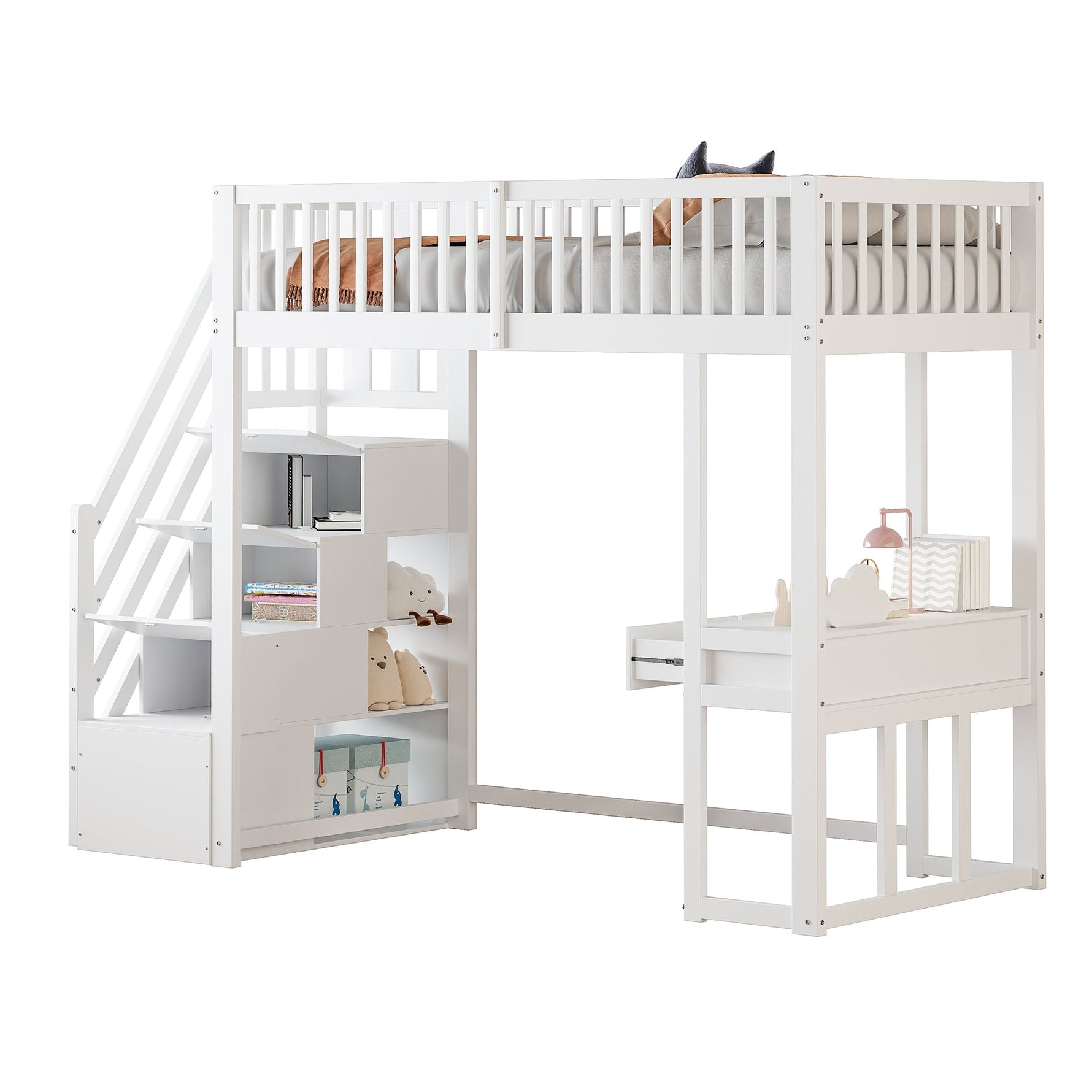 Loft Bed 90x200 Multifunctional Table Storage Stairs Pine Wood White