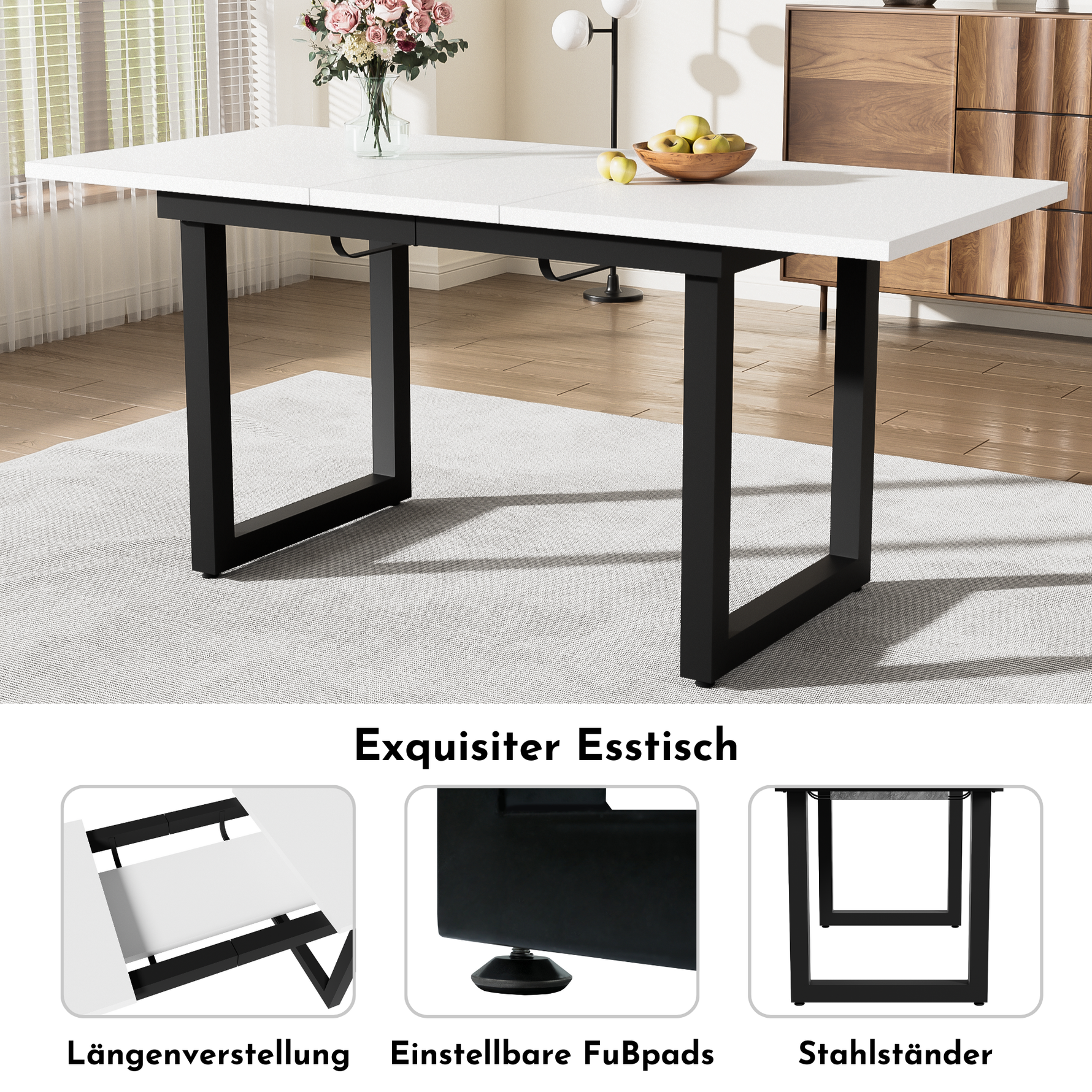 Extendable Dining Table 140/180cm Rectangular Industrial Style MDF White/Black