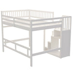 Solid Wood Bed, 140x200 with Stairs & Storage, High Railing, White
