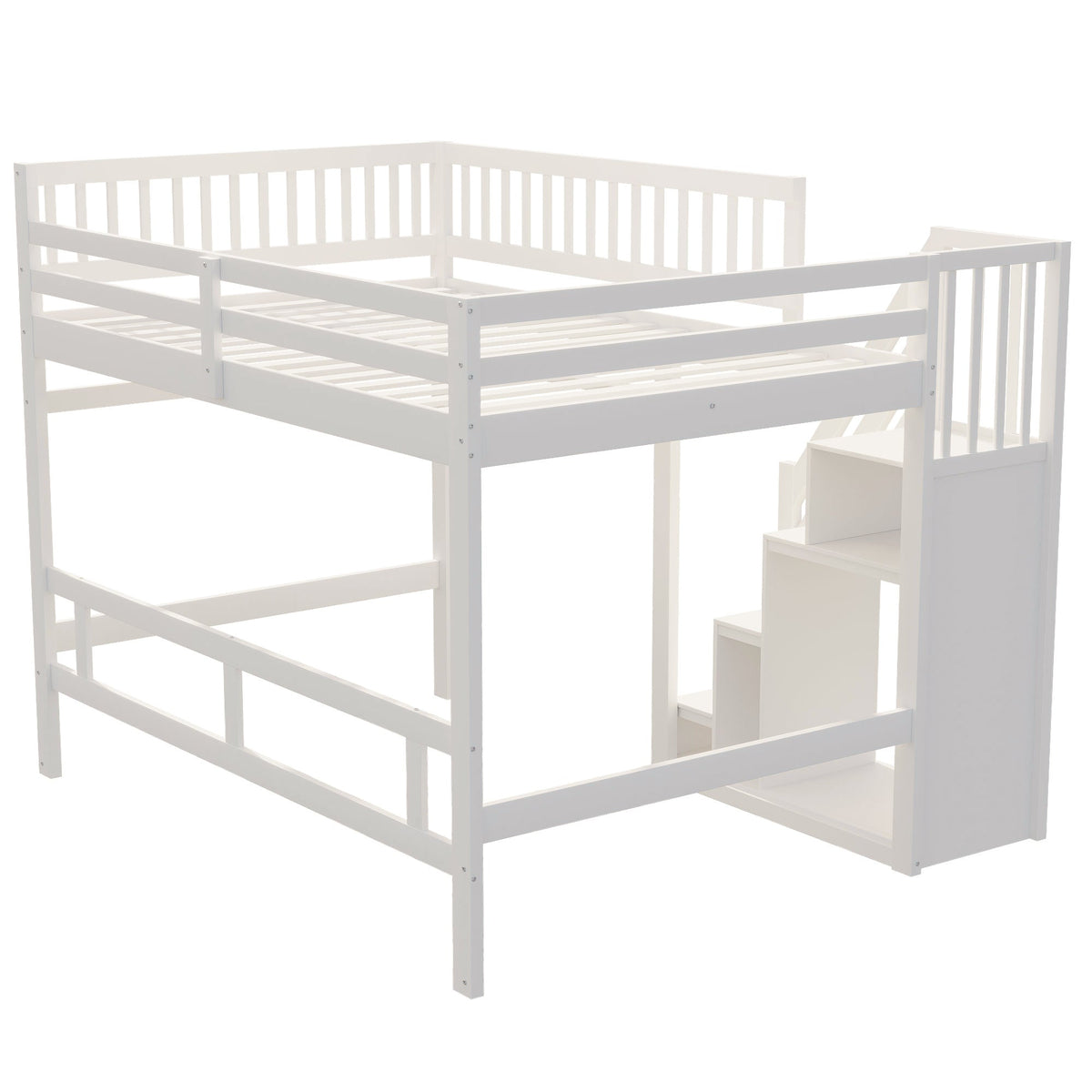 Solid Wood Bed, 140x200 with Stairs & Storage, High Railing, White