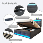 Upholstered Bed 90x200 Hydraulic Storage USB LED Light Strip, Grey Linen Single Bed