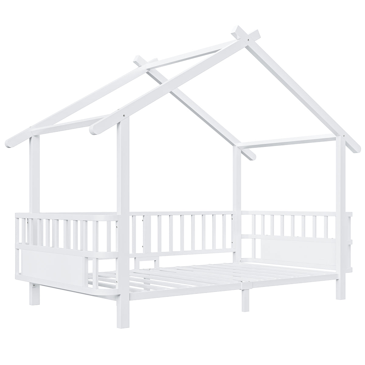 Children's House Bed 90x200cm with Safety Rail, White Metal
