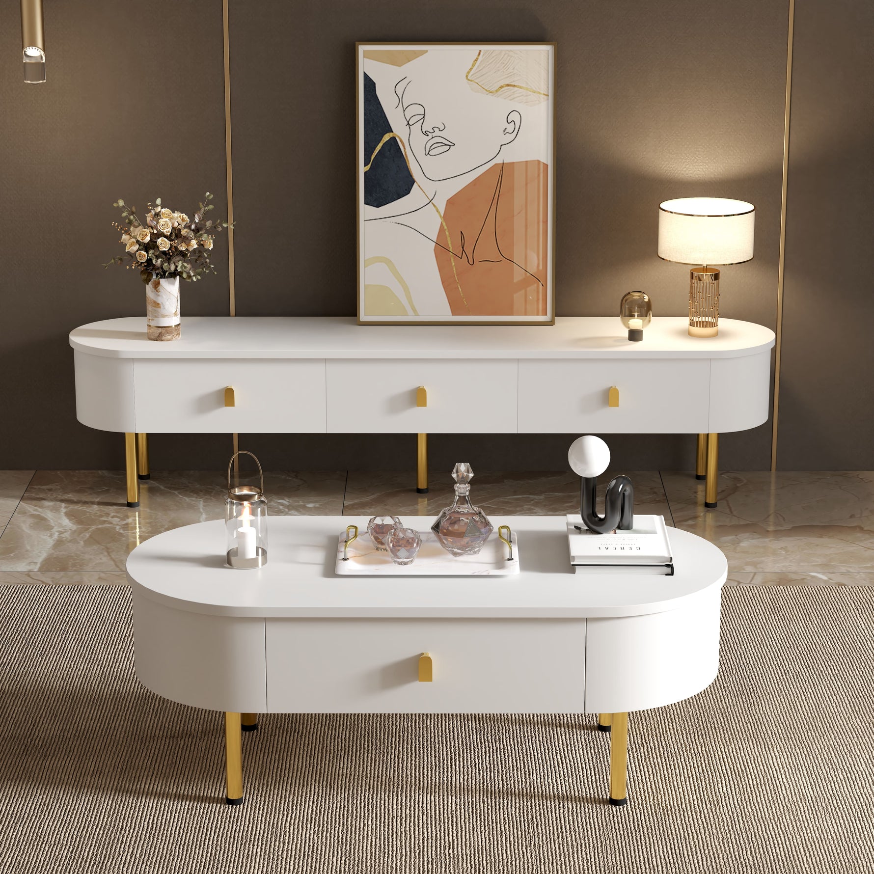 Lowboard TV Cabinet, Drawers with Golden Handles & Legs, Curved Corners