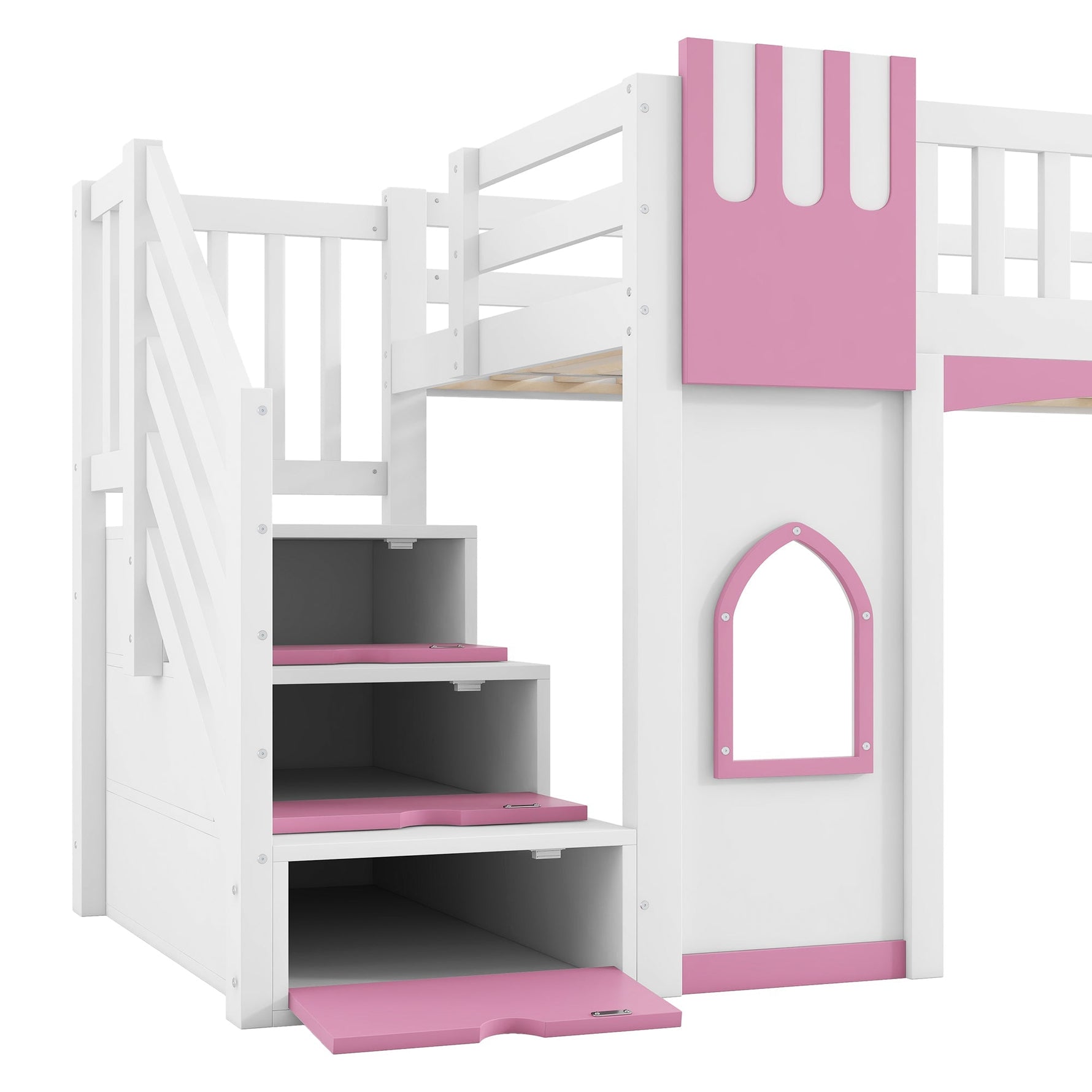 Loft Bed with Storage Stairs and Window, 90x200cm, White and Pink Pine Wood + MDF