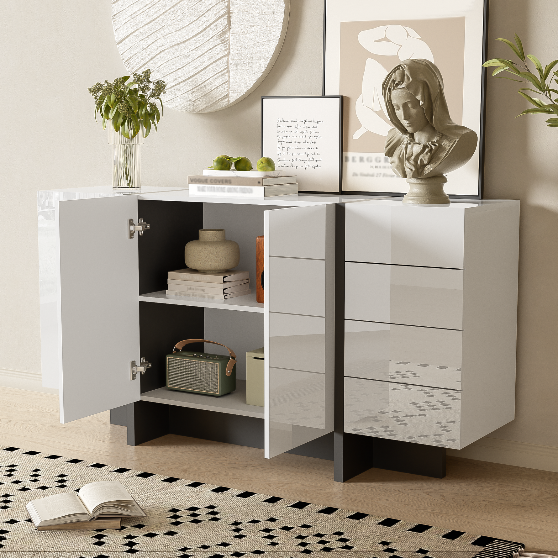 Sideboard, 2-Door 4-Drawer Modern, White High-Gloss
