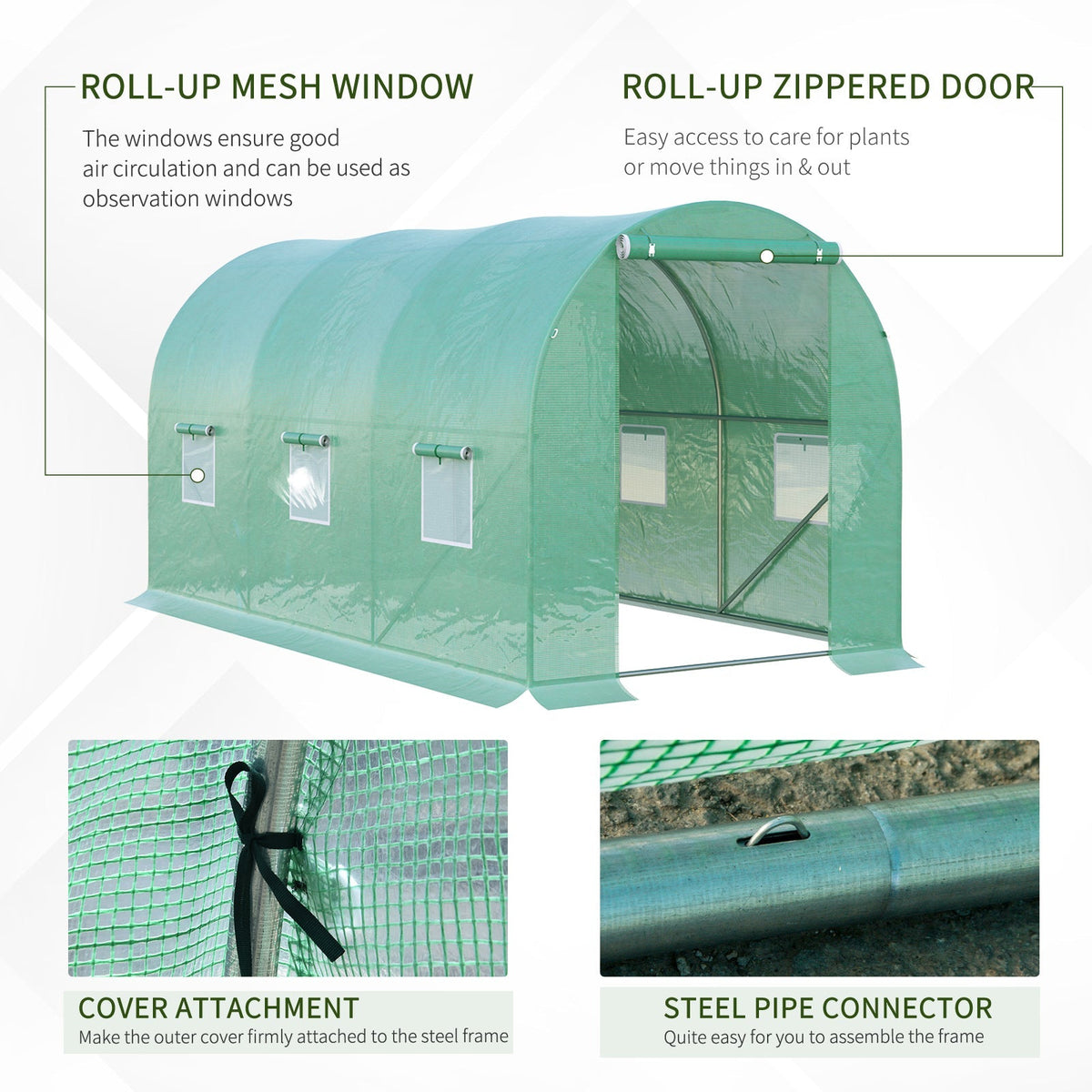 Polytunnel Tomato Greenhouse, 6 Mesh Windows Round Arched, Green