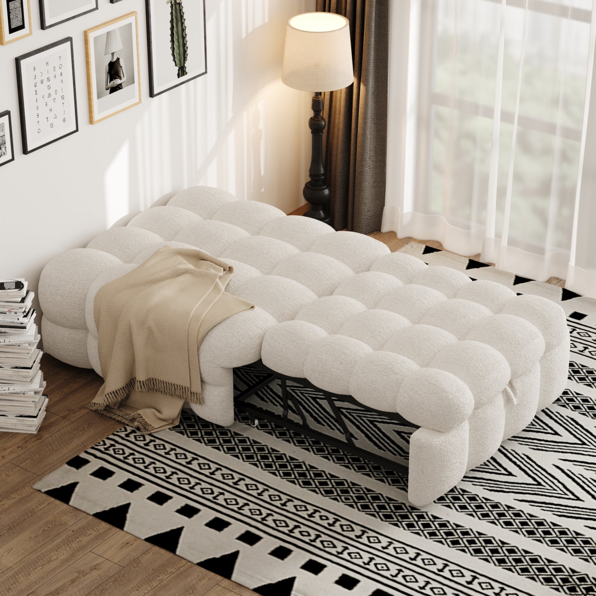 Upholstered Bed 2-in-1 Footstool Pull-out Sofa Bed Single Teddy Fabric Beige