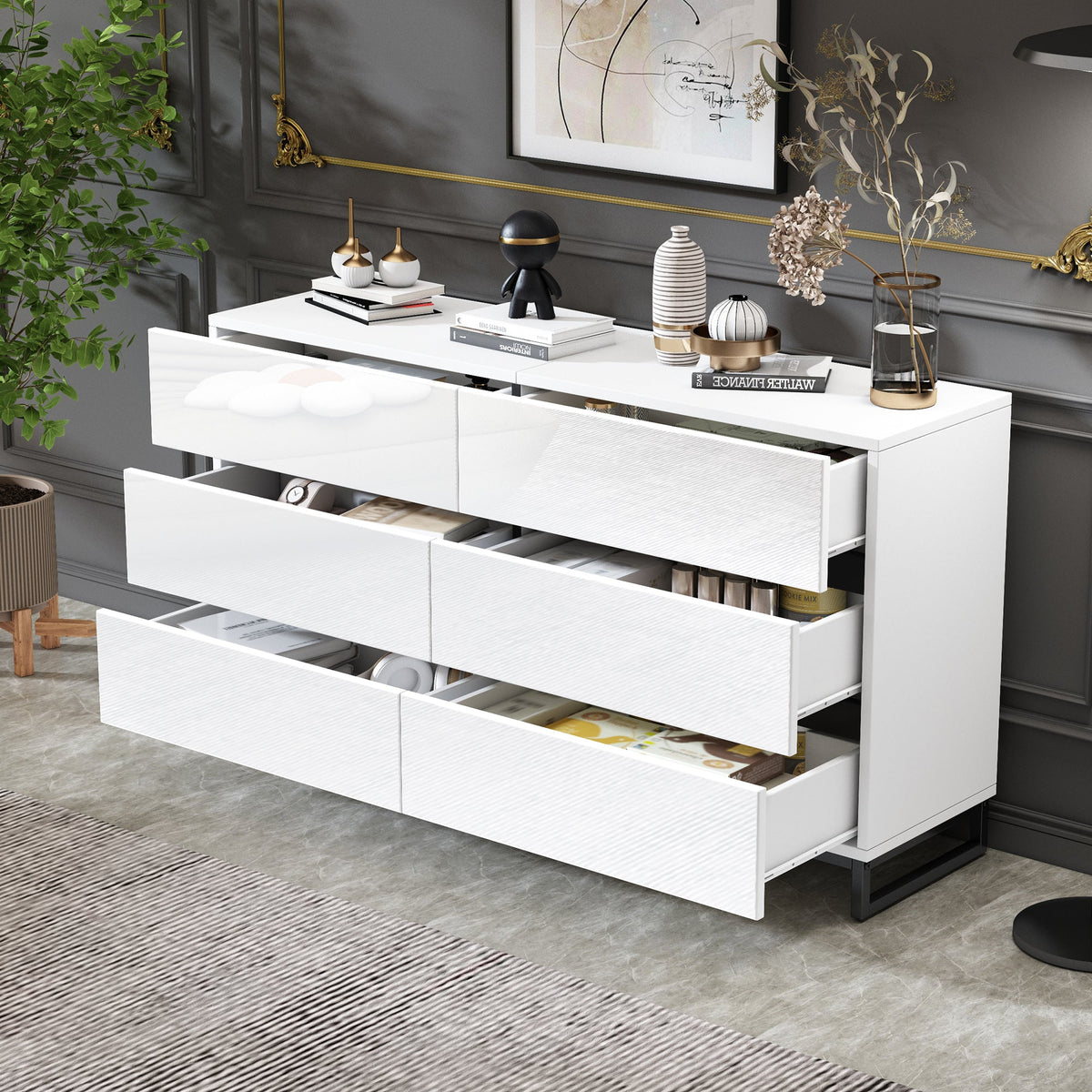 Living Room Sideboard, 6-Drawer High-Gloss Cabinet with Metal Legs, White/Black