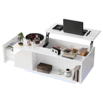 Coffee Table, Height-adjustable with Hidden Storage, LED Light & Drawer, White