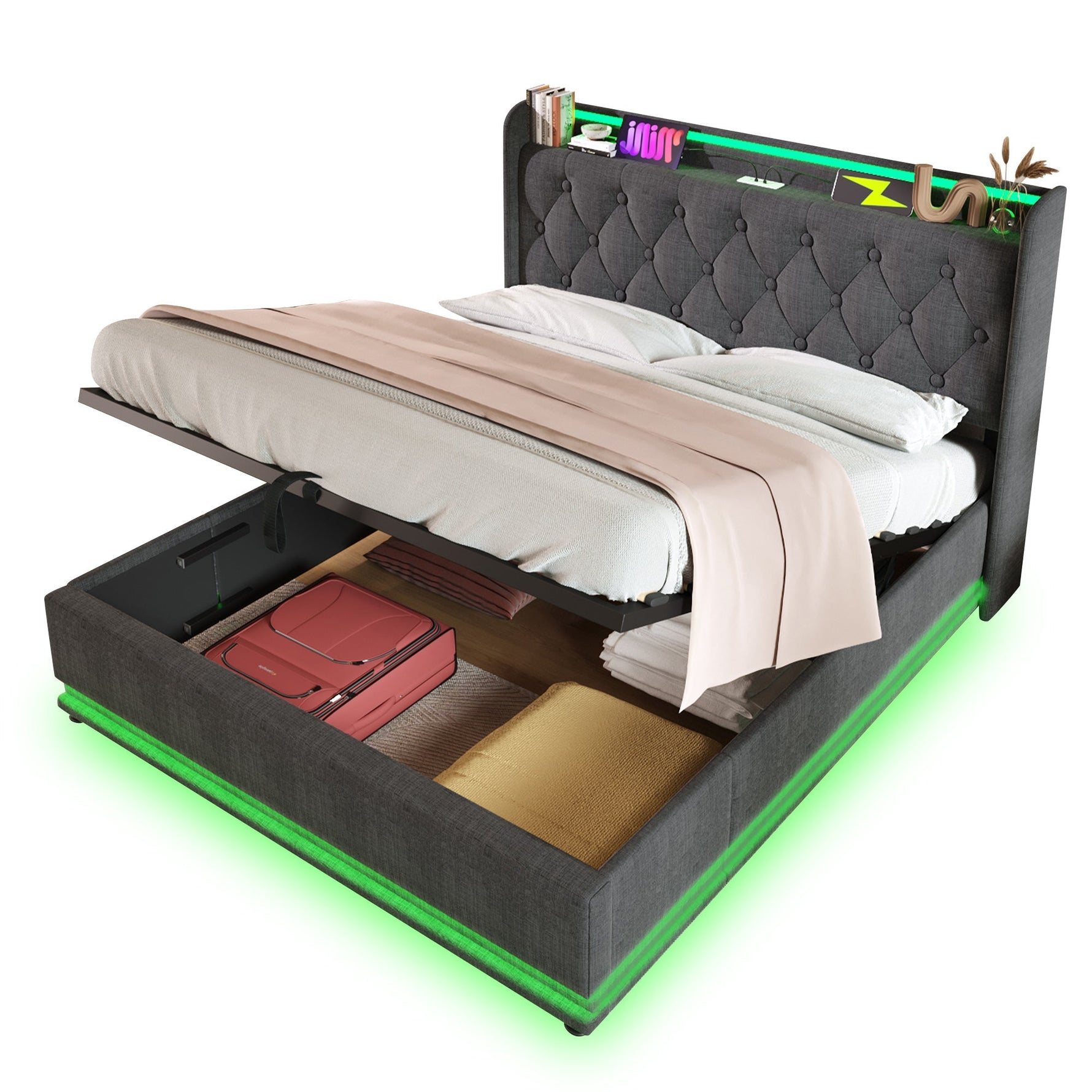 Upholstered Bed, Double, 360-Surround LED, Hydraulic Storage, USB-C, Gray Linen