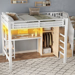 Metal Loft Bed with Desk, Shelf, Wardrobe and Storage Stairs, 140x200cm, White
