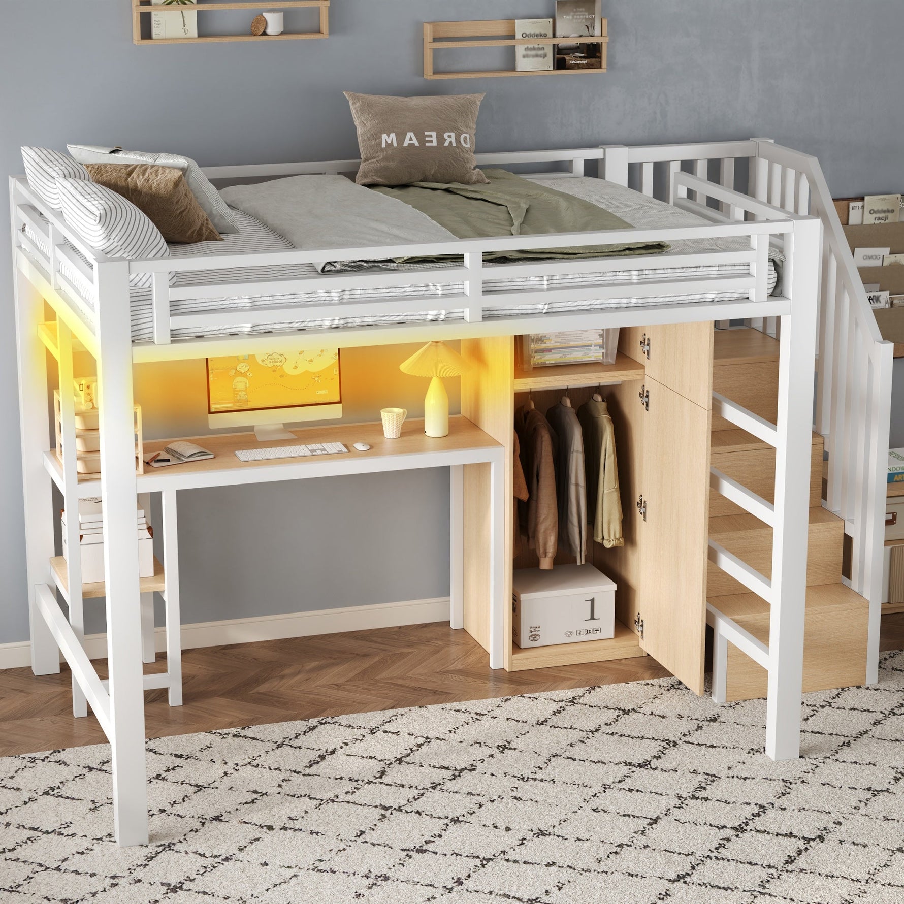 Metal Loft Bed with Desk, Shelf, Wardrobe and Storage Stairs, 140x200cm, White