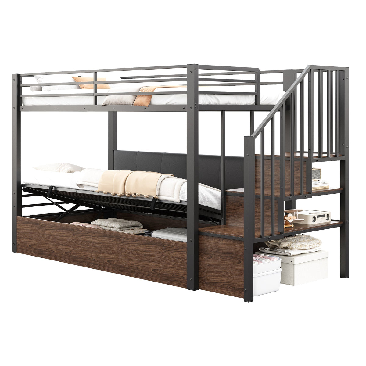 Iron Loft Bed with Hydraulic Function, Padded Backrest and Safety Ladder, 90x200cm, Black PU