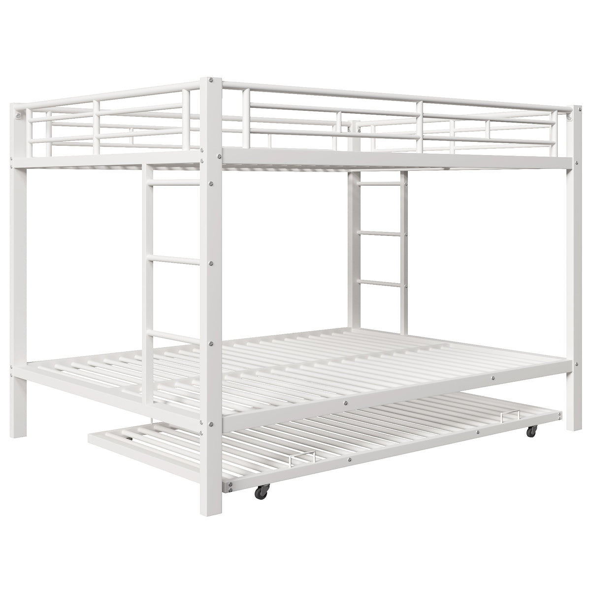 Bunk Bed with Pull-Out Bed and High Railings, 140x200cm Iron Frame, White